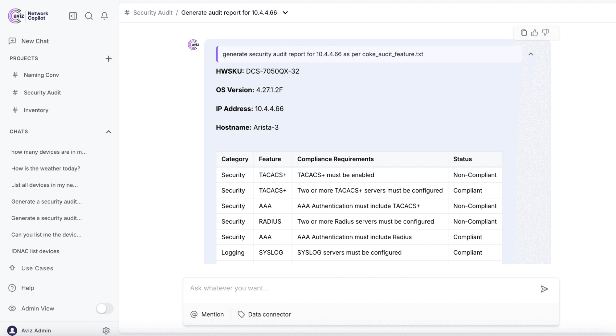 Audit report results using NCP