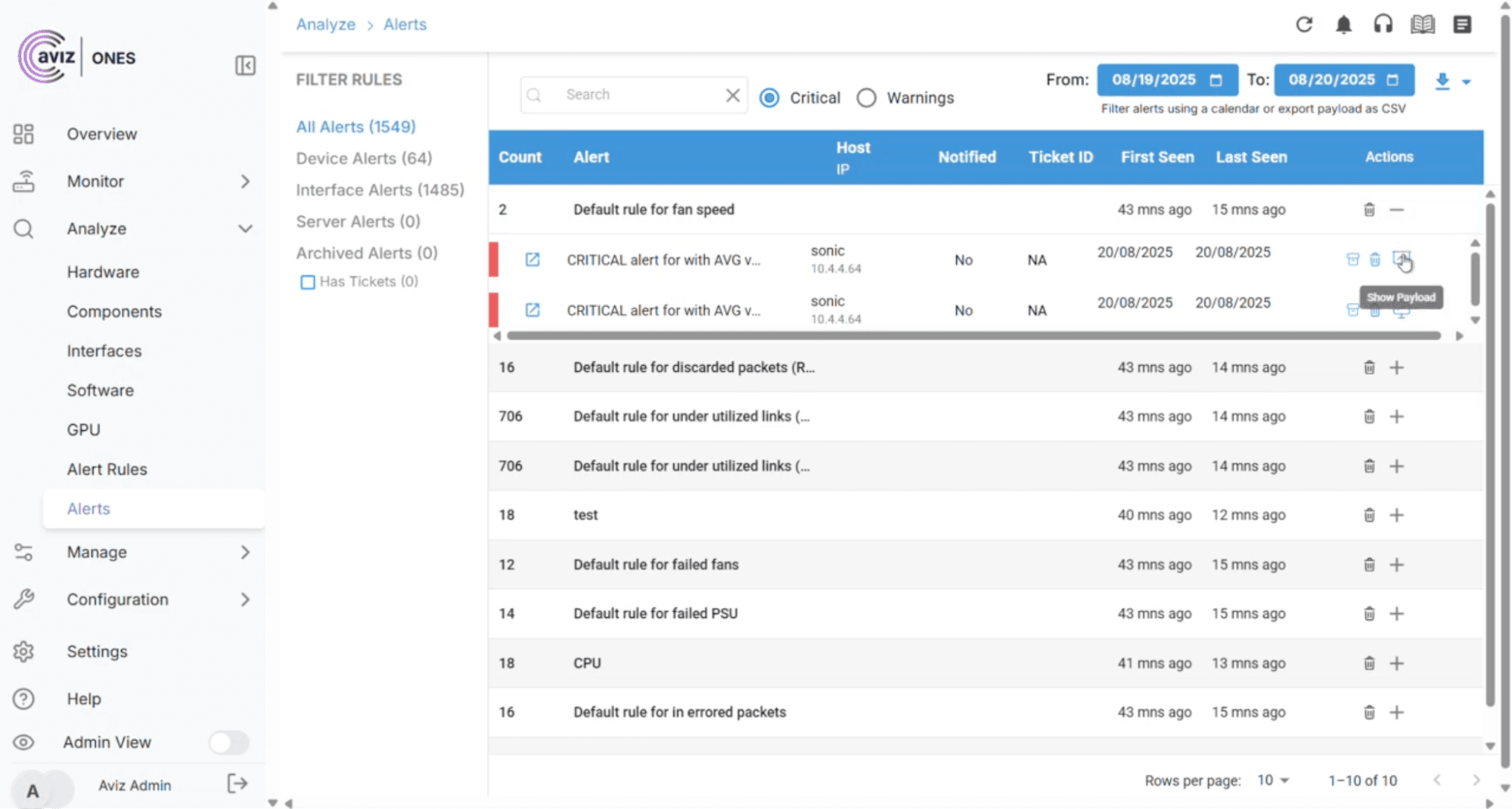 Configuring thresholds for alerts using ONES